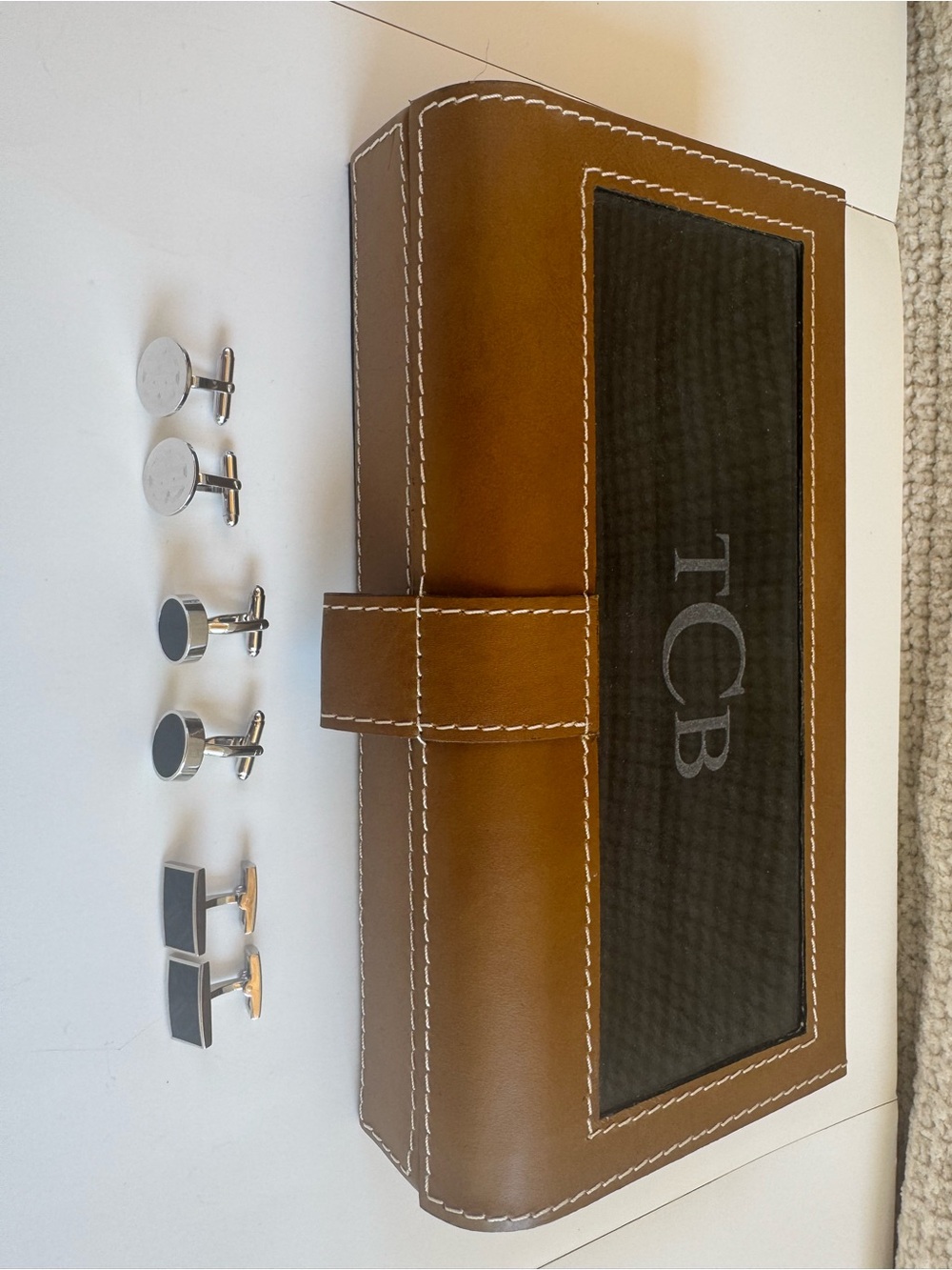TCB Brown and Black Leather Cufflink Case with Silver-Tone Cufflinks